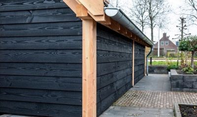 Wooden garden shed with black planks