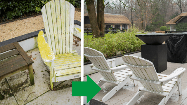 Witte Adirondack-tuinstoelen op een opgeknapt terras
