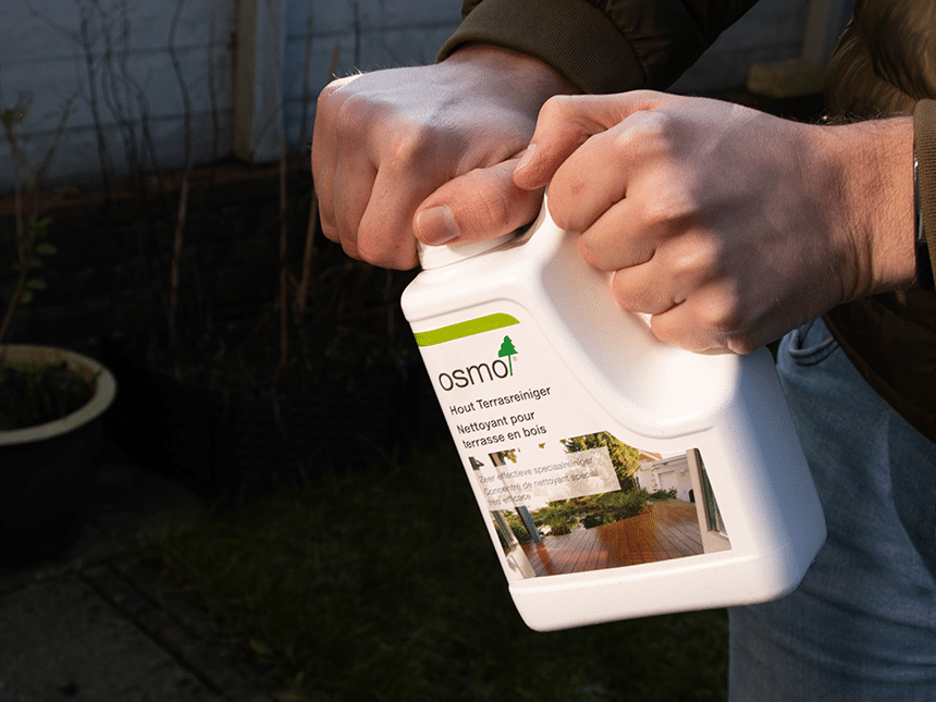 preparing patio cleaner for cleaning bankirai wood