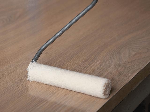 Verfroller die een donker houten oppervlak overschildert zonder schuren