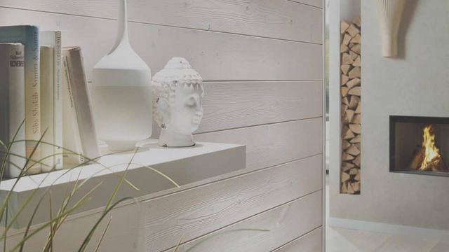Wit geverfde houten wandpanelen met decoratie en haard