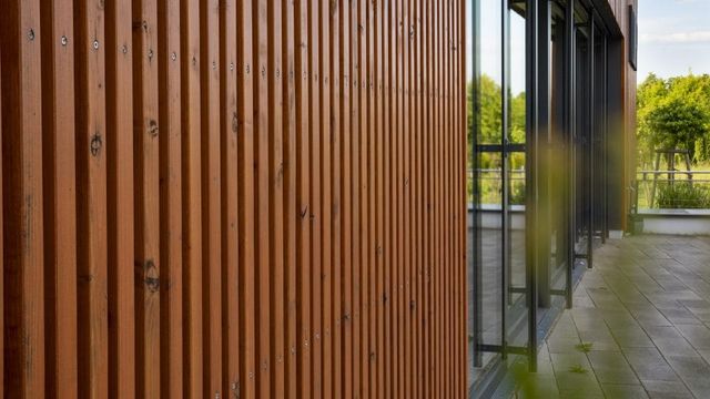 Gevel met verticale, thermisch gemodificeerde houten latten