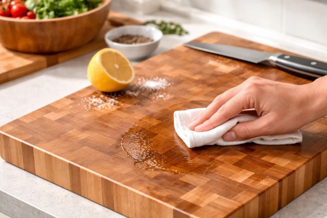 Hand die een houten snijplank met olie onderhoudt, met citroen ernaast