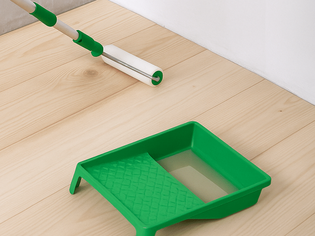 Groene verfbak met roller op een lichte grenenhouten vloer