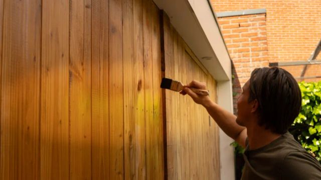Vrouw die een douglas houten gevel behandelt met een kwast