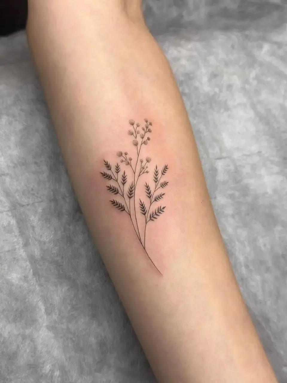 Minimalist fine line wild flower botanical tattoo on forearm, done at a professional tattoo studio in Budva, Montenegro.