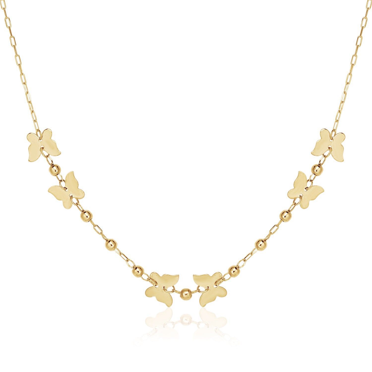 14k Yellow Gold 18 inch Necklace with Polished Butterflies and Beads
