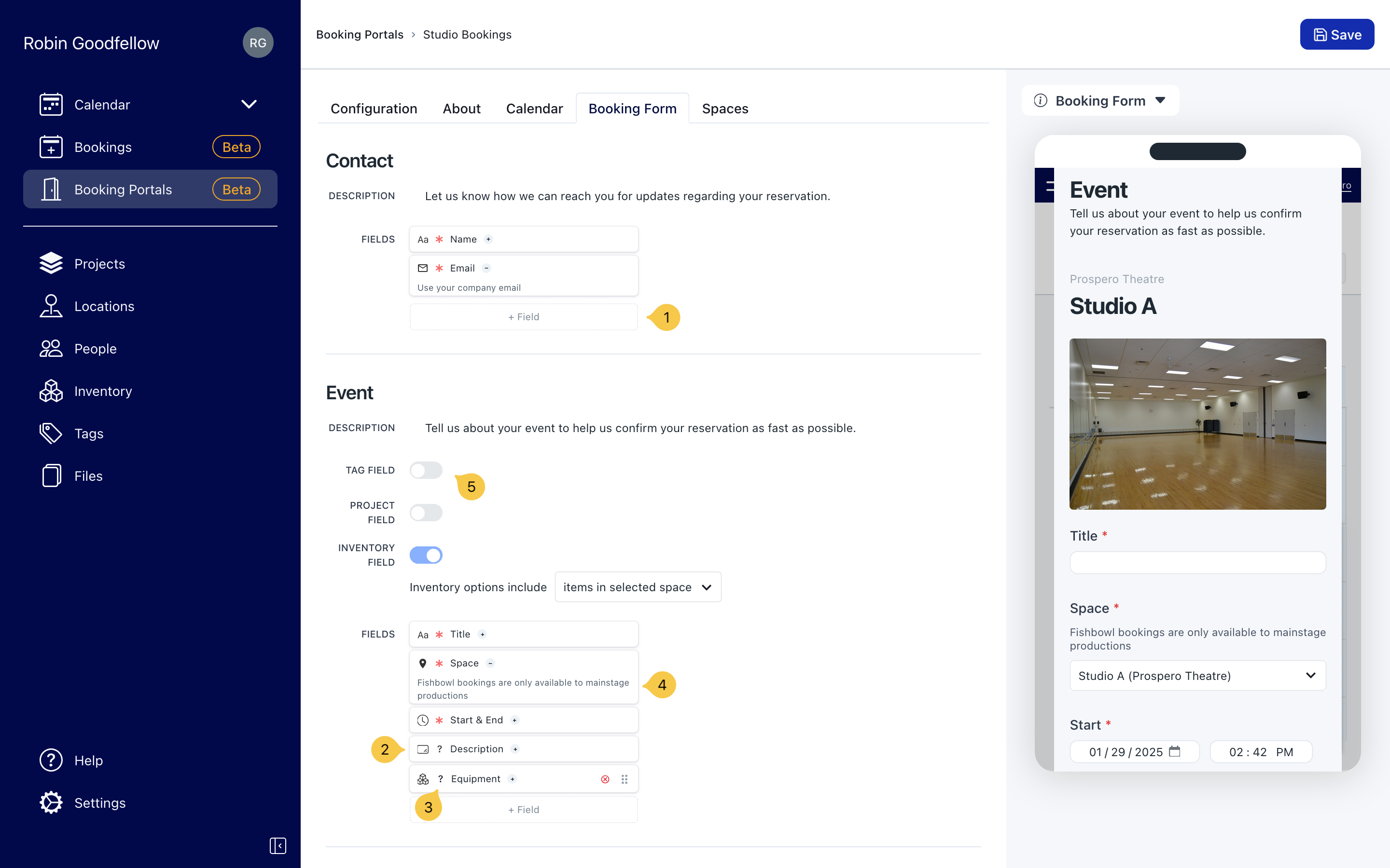 Screenshot of the Prospero app, showing the admin panel where you can create a custom booking form.