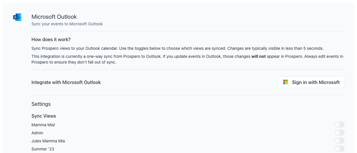 Outlook Integration Settings Screenshot