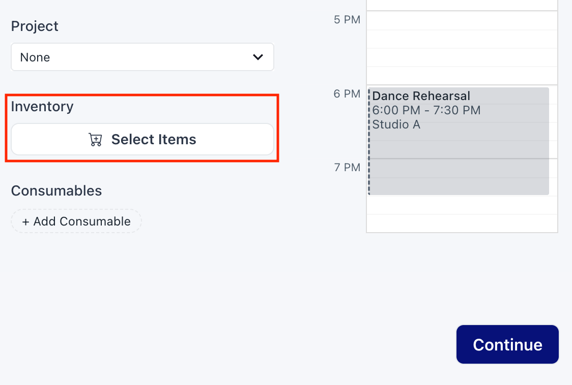 Screenshot of the select items button on a booking form