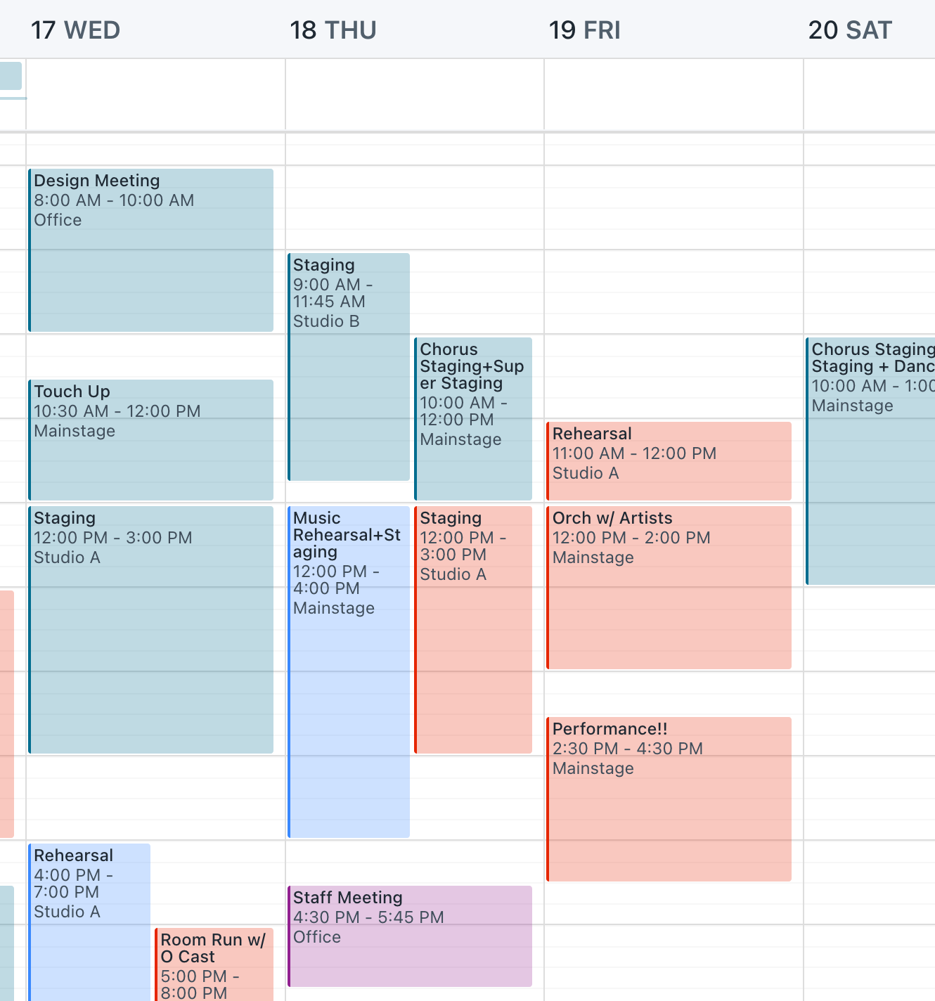 Screenshot of Prospero week layout with lots of clustered events.  Overlapping events are displayed in columns and have extra margin around them, making them easier to visually distinguish.