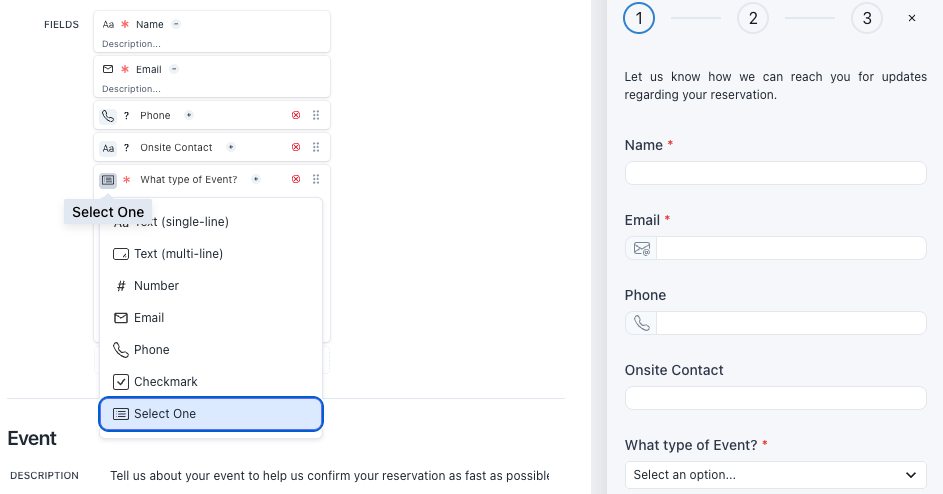Screenshot of adding a single select booking form field in the booking portal editor