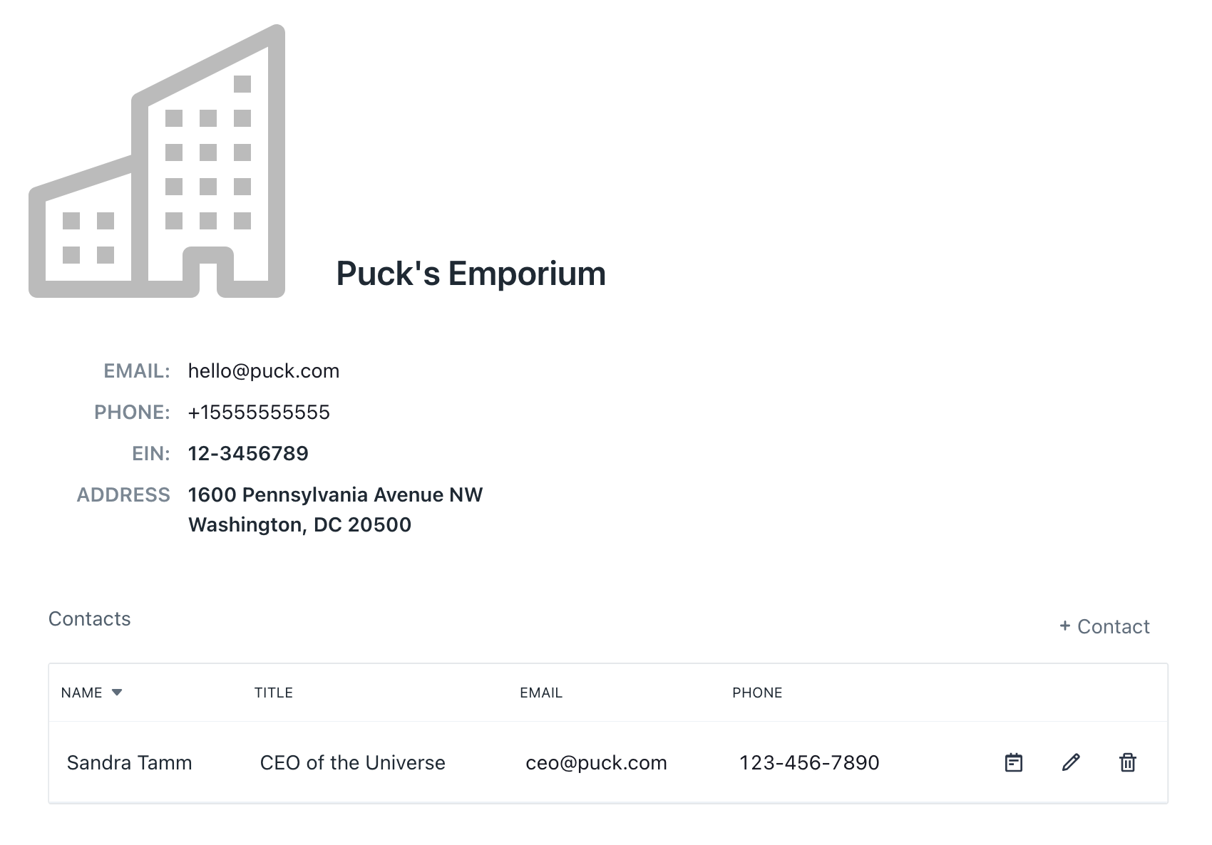 Screenshot of the Prospero app, displaying the profile of a customer called "Puck's Emporium."  The customer has details listed below it's name, plus a table of contacts.