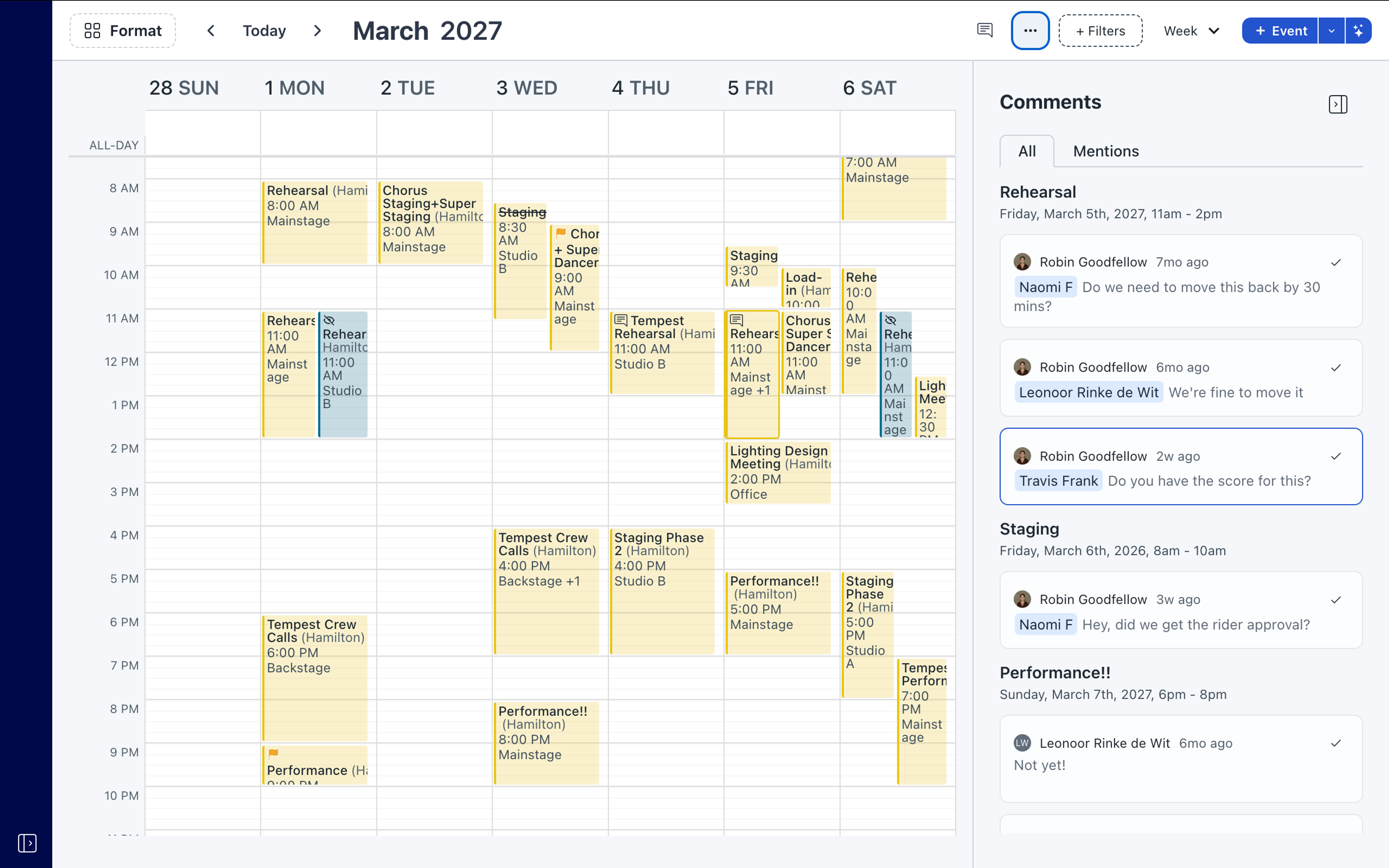 Screenshot of the calendar with the comment sidebar expanded