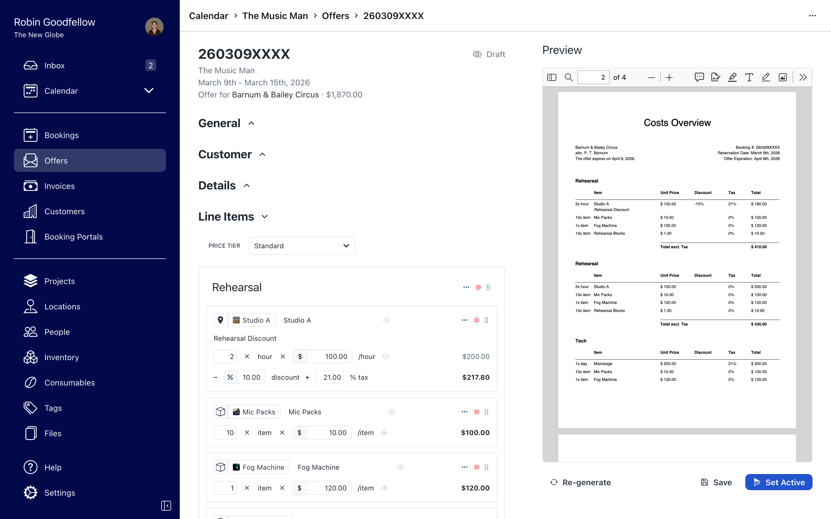 Screenshot of the Prospero offer builder. Settings and line items are visible on the left, with a preview of the PDF document on the right.