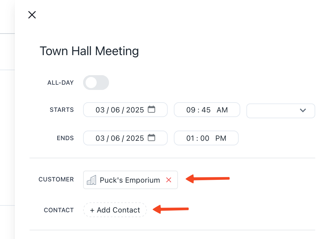 Screenshot of the Prospero booking editor with arrows pointing to the "Customer" and "Contact" fields.