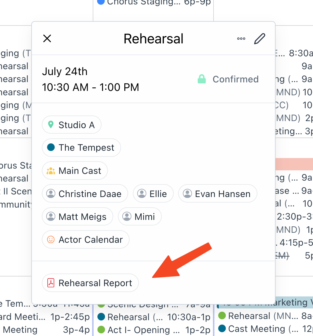 Screenshot of event popup in the Prospero app with an arrow pointing at an attached file