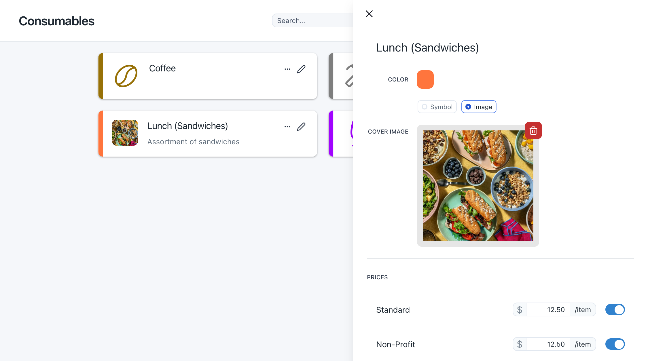 A screenshot of the Prospero app showing consumables in the center of the screen with an editor on the right.  The editor contains fields for name, color, symbol or image, and prices.