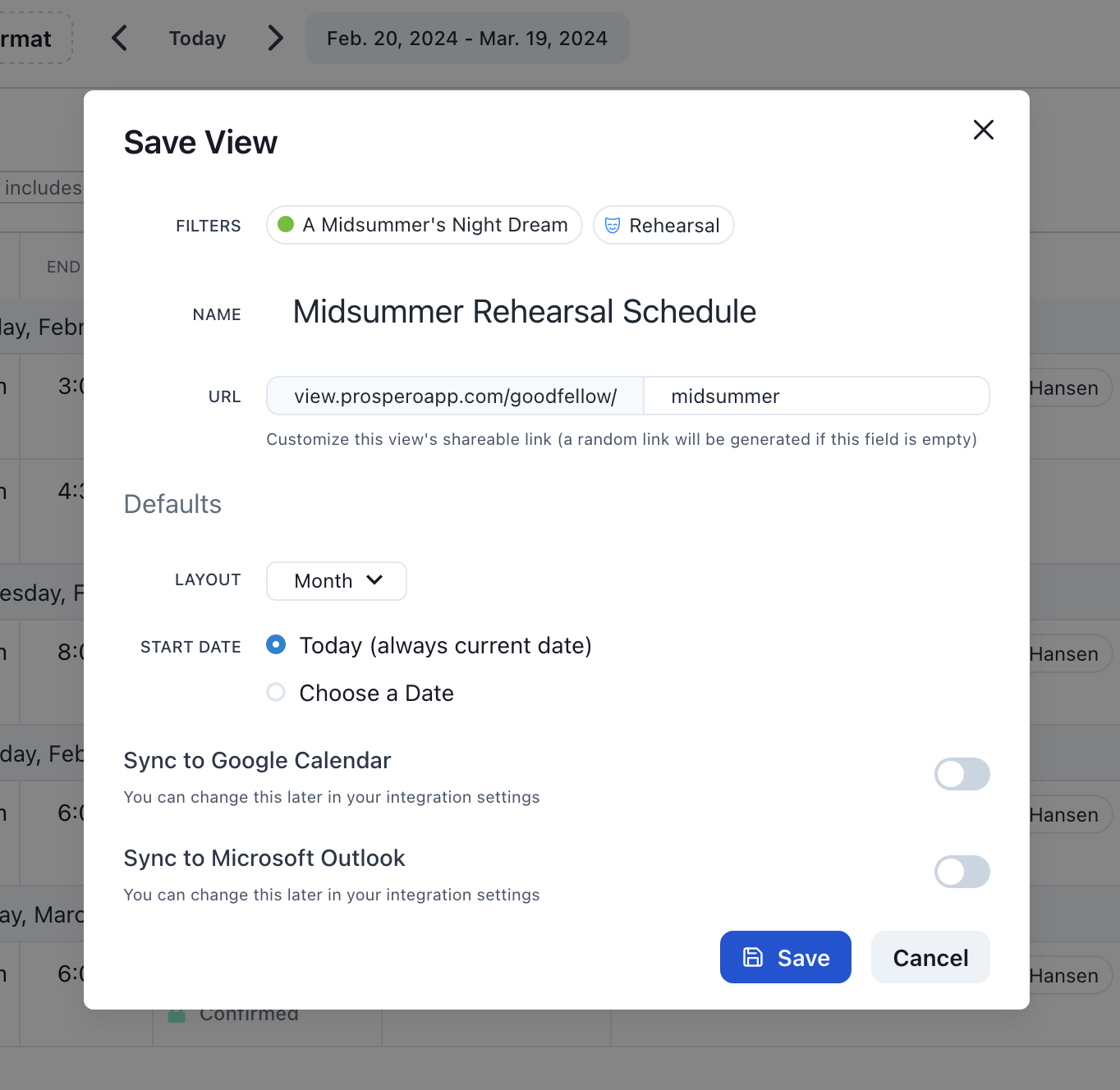 Screenshot of Prospero app with view options, including custom link, format, and sync options
