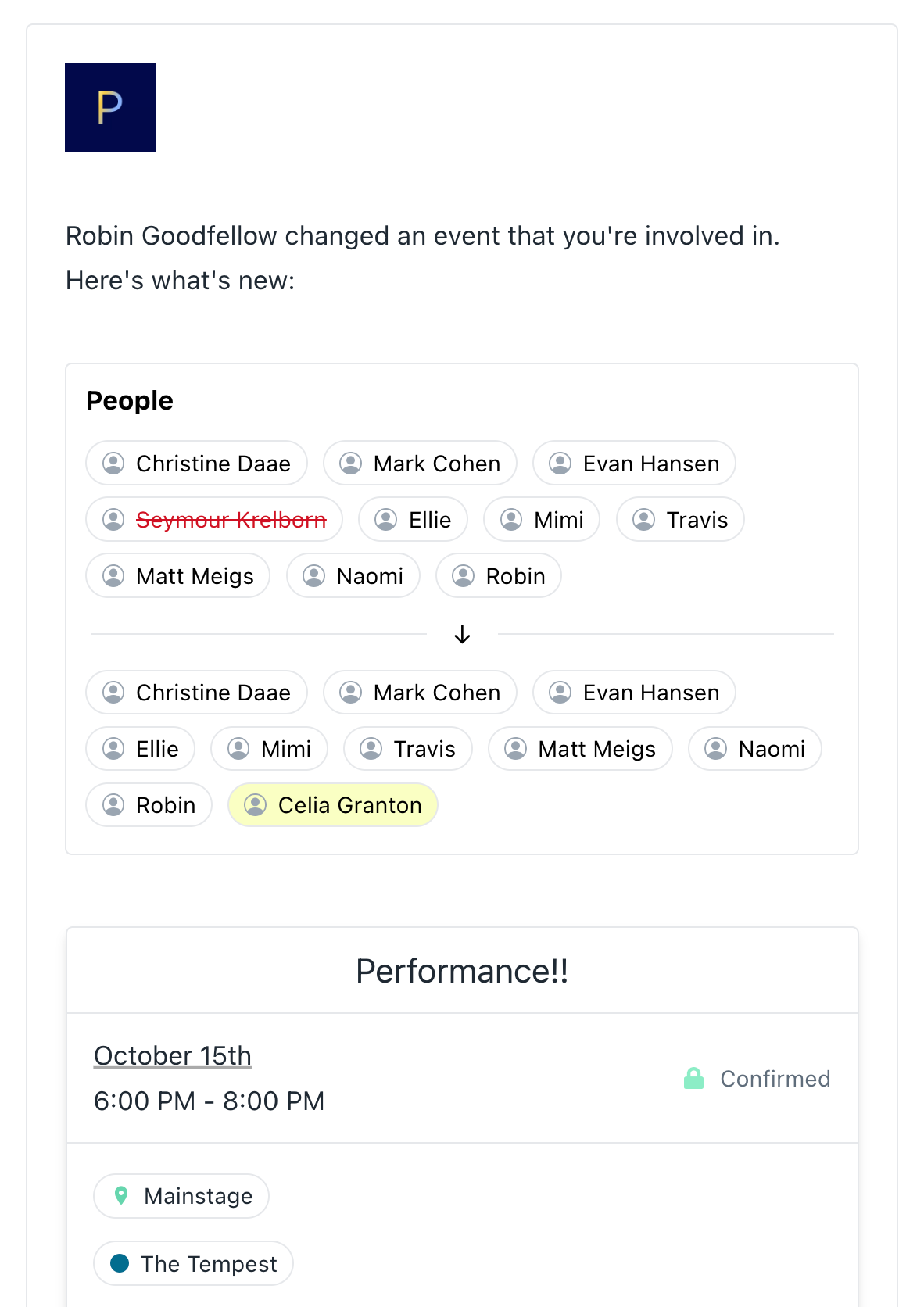 Screenshot of event change notification, including struckthrough name of person removed from the event and highlighted name of person added to the event.