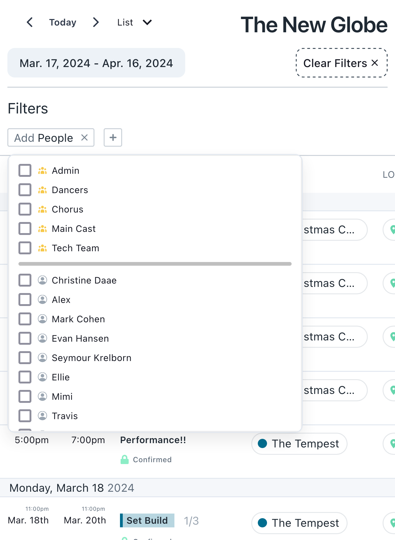 Screenshot of view link with person filter menu open, allowing the viewer to filter by themselves