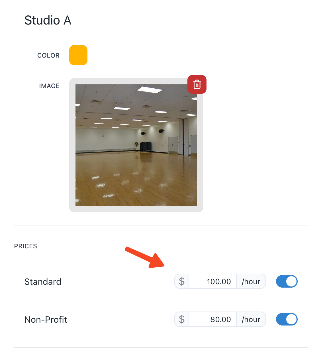 A screenshot of the location editor with an arrow pointing to the "Prices" section, where an input field allows you to type in an amount of money for each price tier.