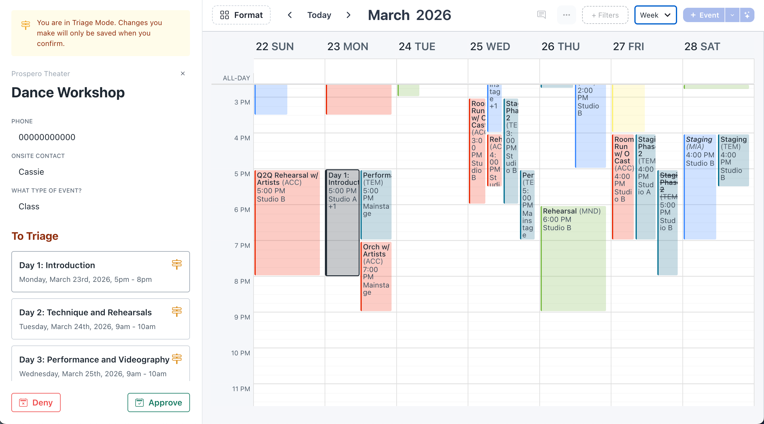 Screenshot of a booking in triage mode with one event highlighted
