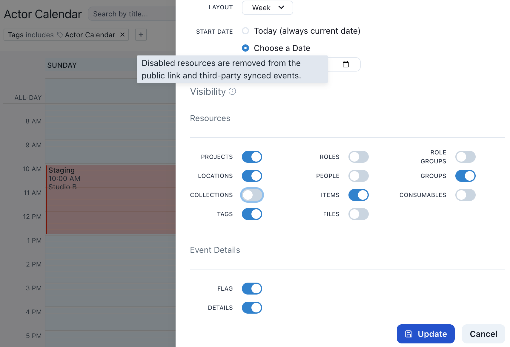 Screenshot of the different options for view visibility settings