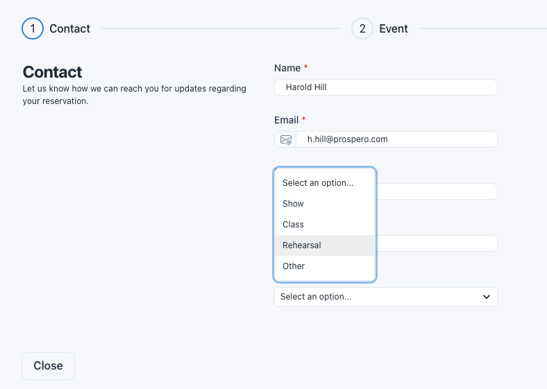 Screenshot of a single select field on a published booking form with options displayed