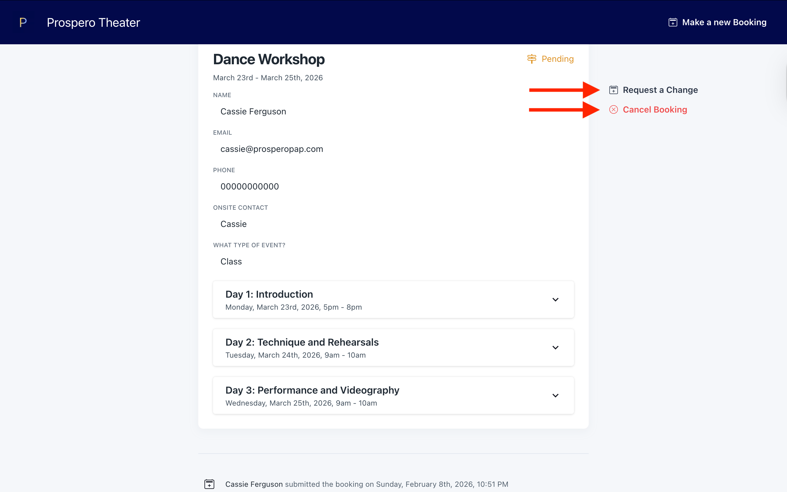 Screenshot of the end user page after submitting a booking