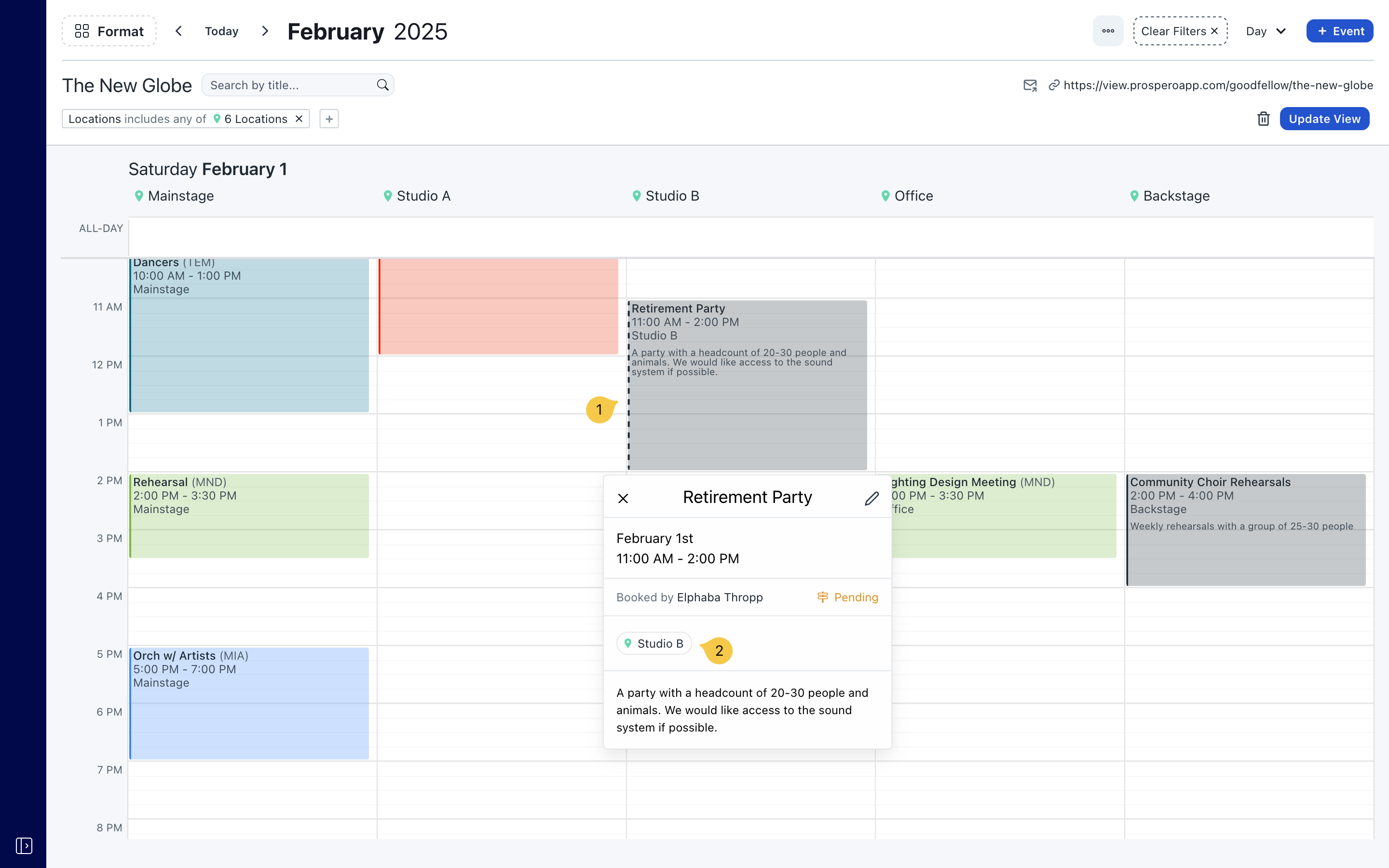 Screenshot of the Prospero app, showing the day layout of the calendar.  A pending booking is displayed on the calendar with an open popup displaying information about the booking.