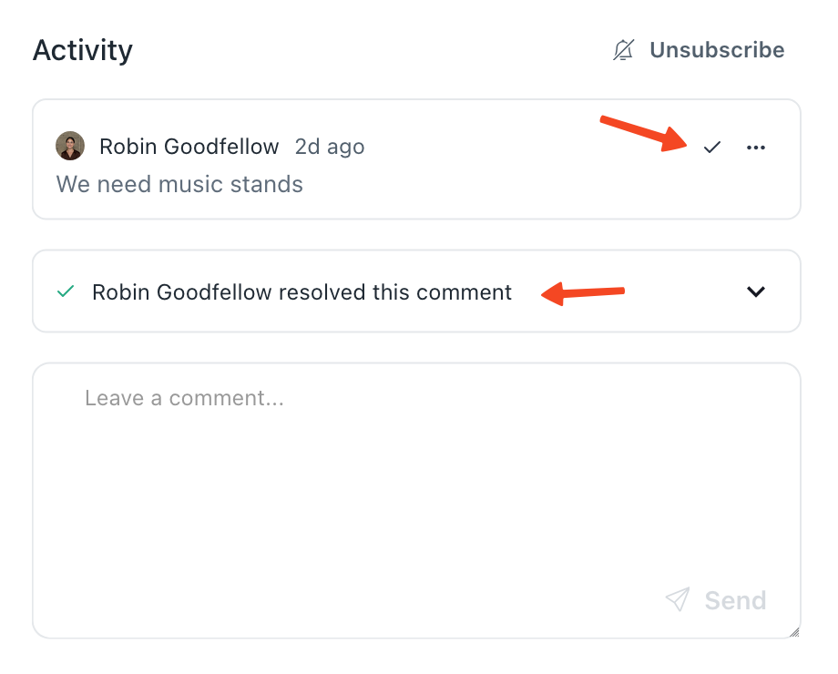 Screenshot of the Prospero app showing two comments, one open and one resolved. Arrows point to a checkmark button which resolves the comment, and the name of the user that resolved the other comment.