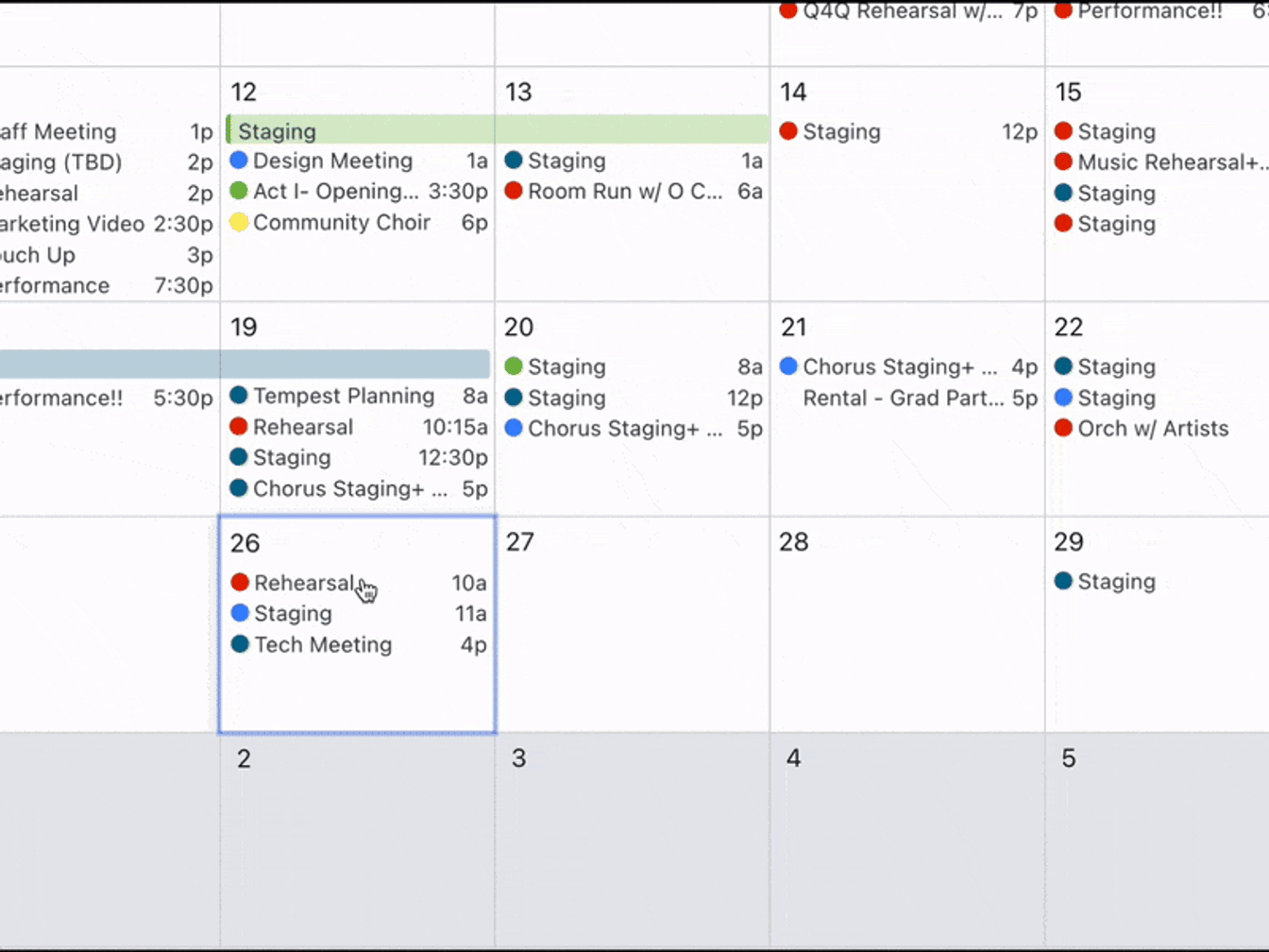 Gif demonstrating multi-select of events and duplication to a new day
