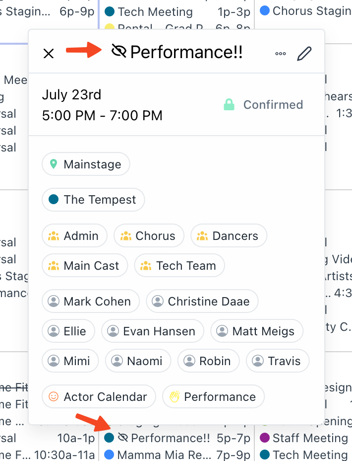 Screenshot of Prospero app with arrows pointing to draft icons present next to event titles