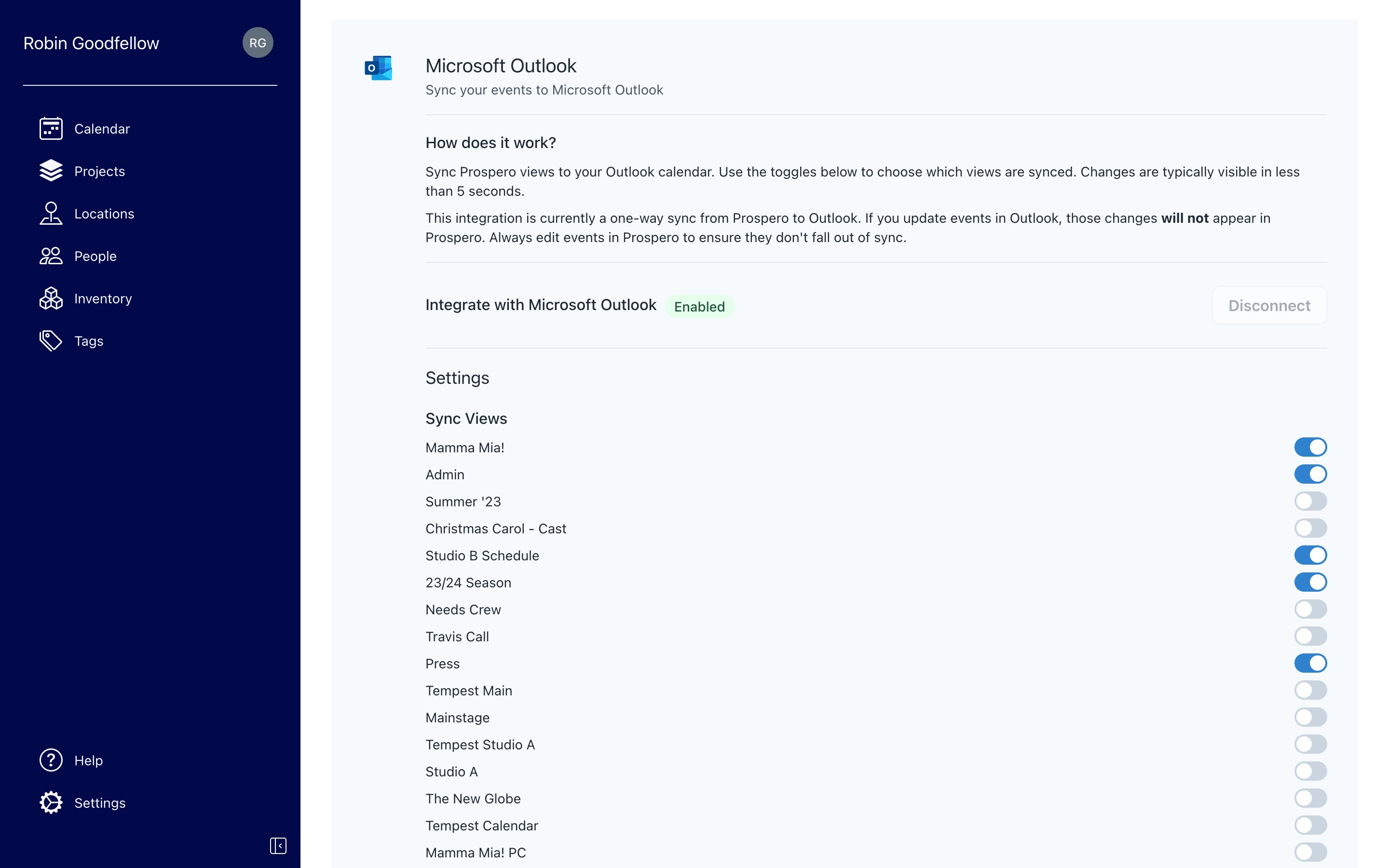 Screenshot of Prospero app settings screen for the Outlook integration