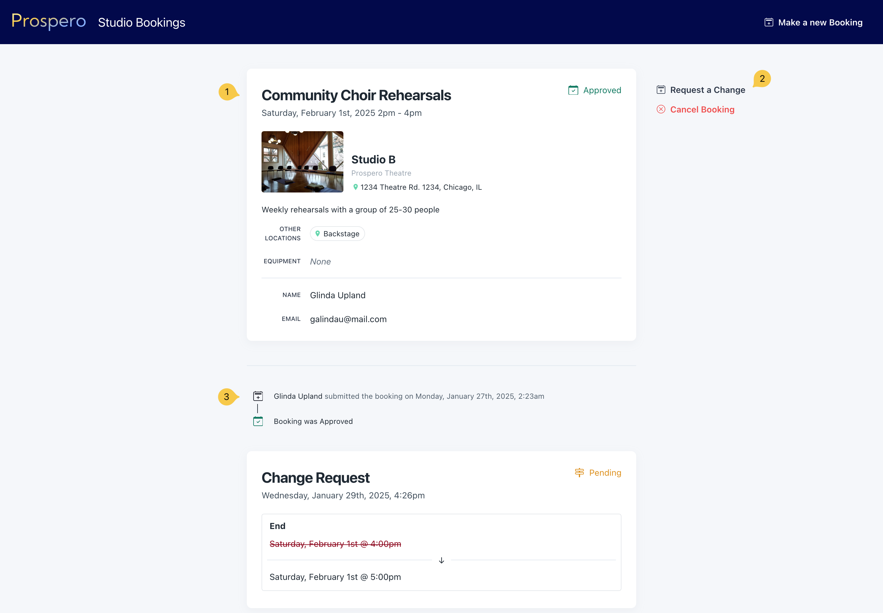 Screenshot of the Prospero booking management page.  Booking information is highlighted in the center with buttons to change or cancel the booking.
