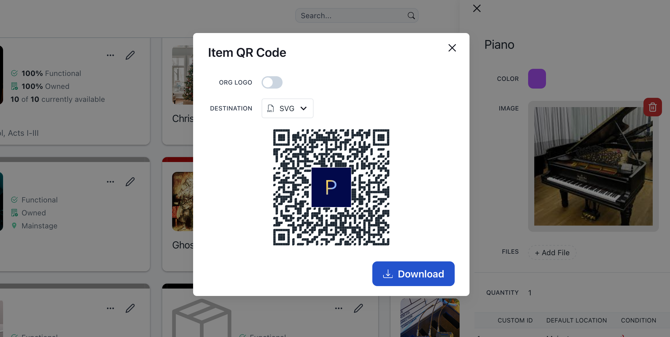 Screenshot of the Prospero app showing a QR code and options to customize it, including adjusting the logo in the center of the QR code and the file type, before a download button.