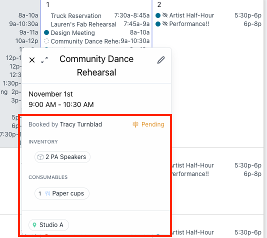 Screenshot of a booking event popup with booking details visible
