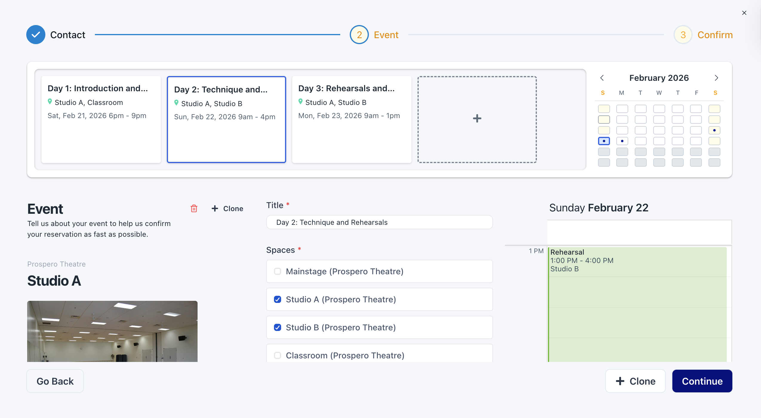 Screenshot of a multi-event booking request