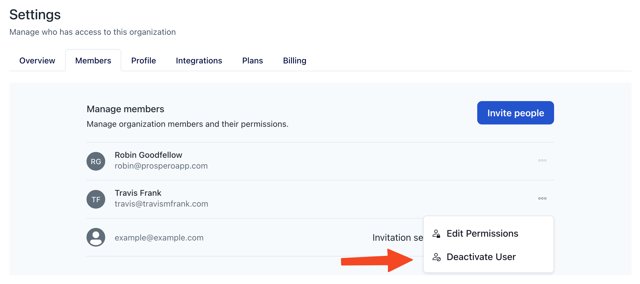 Screenshot of the Prospero settings page, illustrating a dropdown menu where you can deactivate other user accounts
