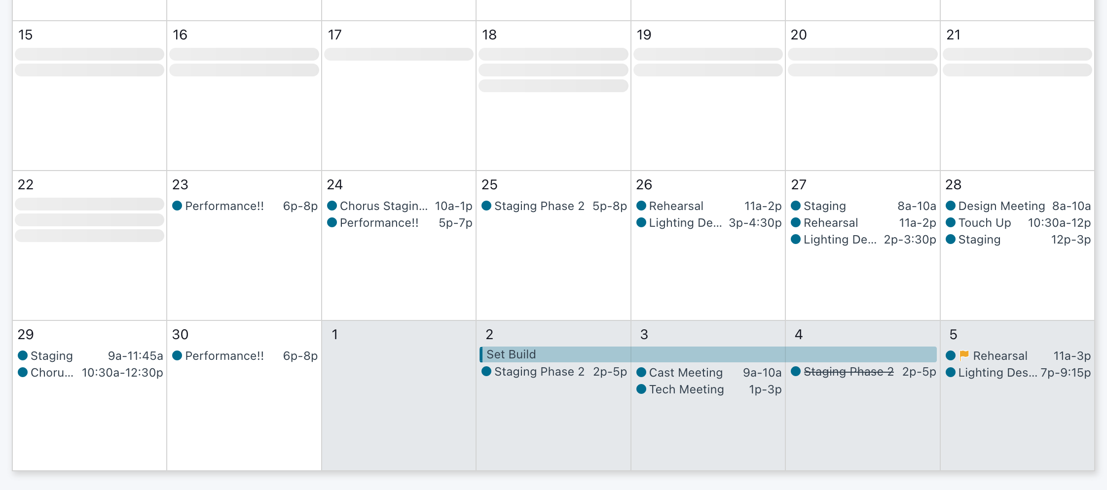 Screenshot of the Prospero calendar with some days still showing a loading indicator