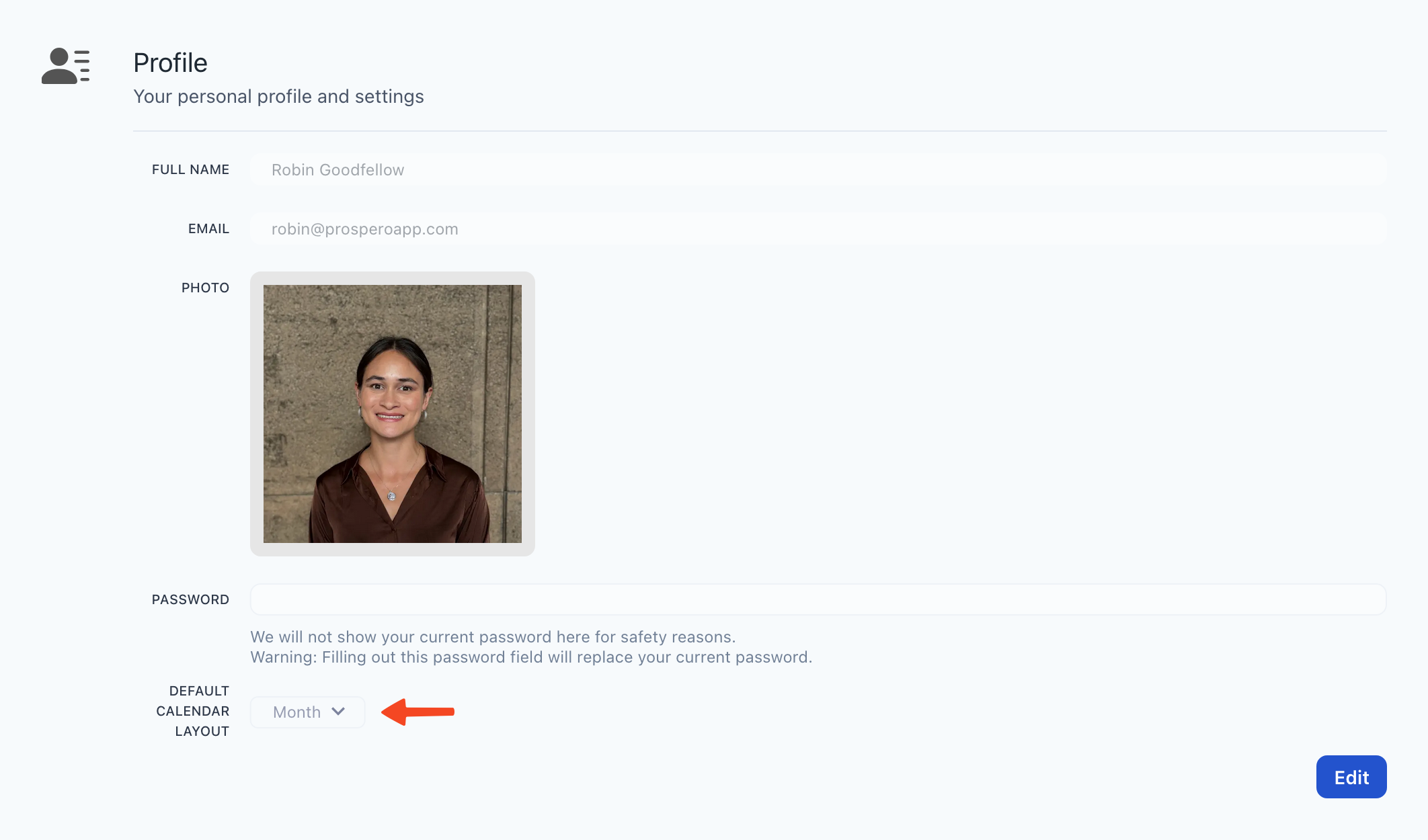 Screenshot of the settings menu where you can set your default calendar layout