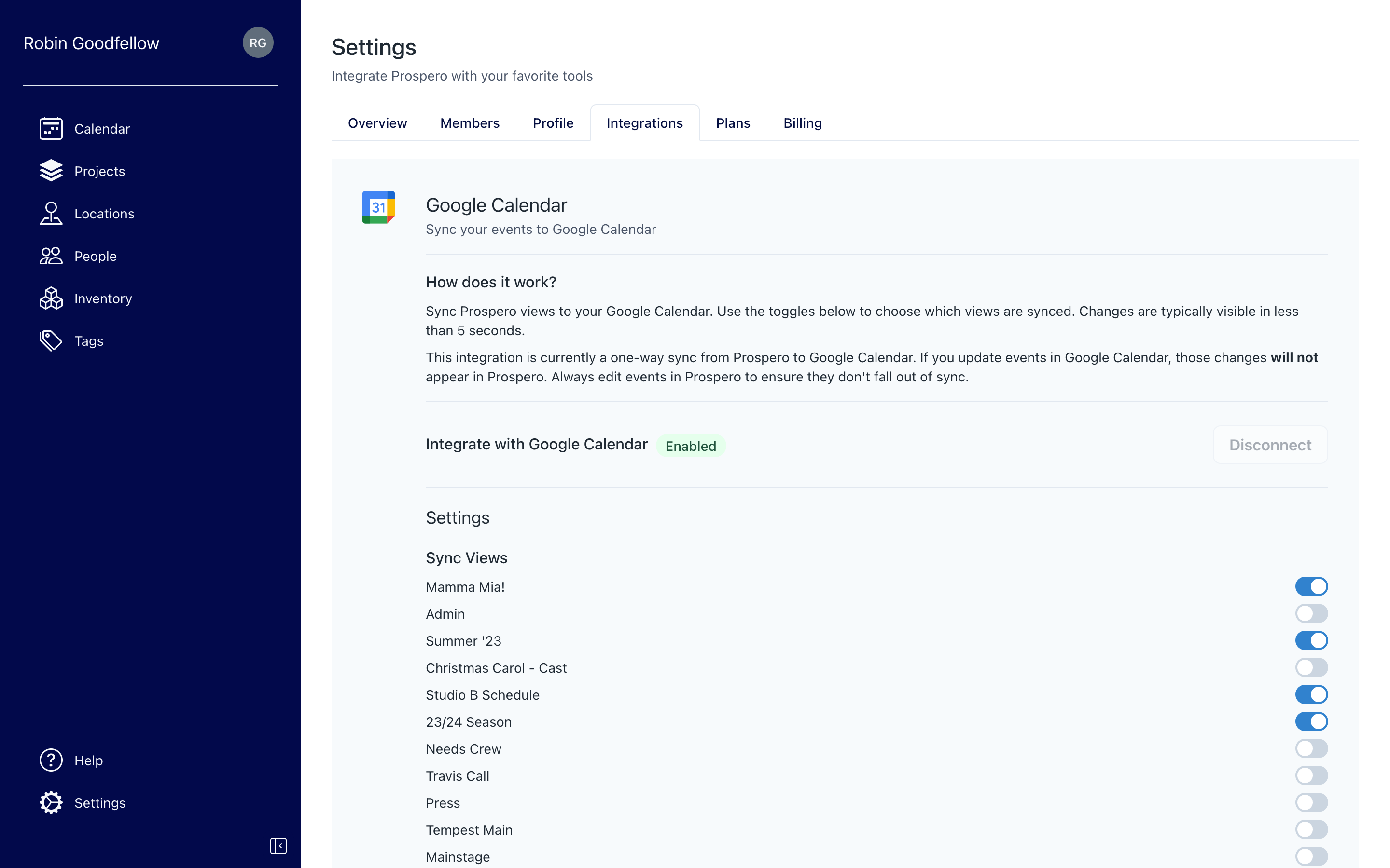 Screenshot of Prospero app settings screen for the Google Calendar integration
