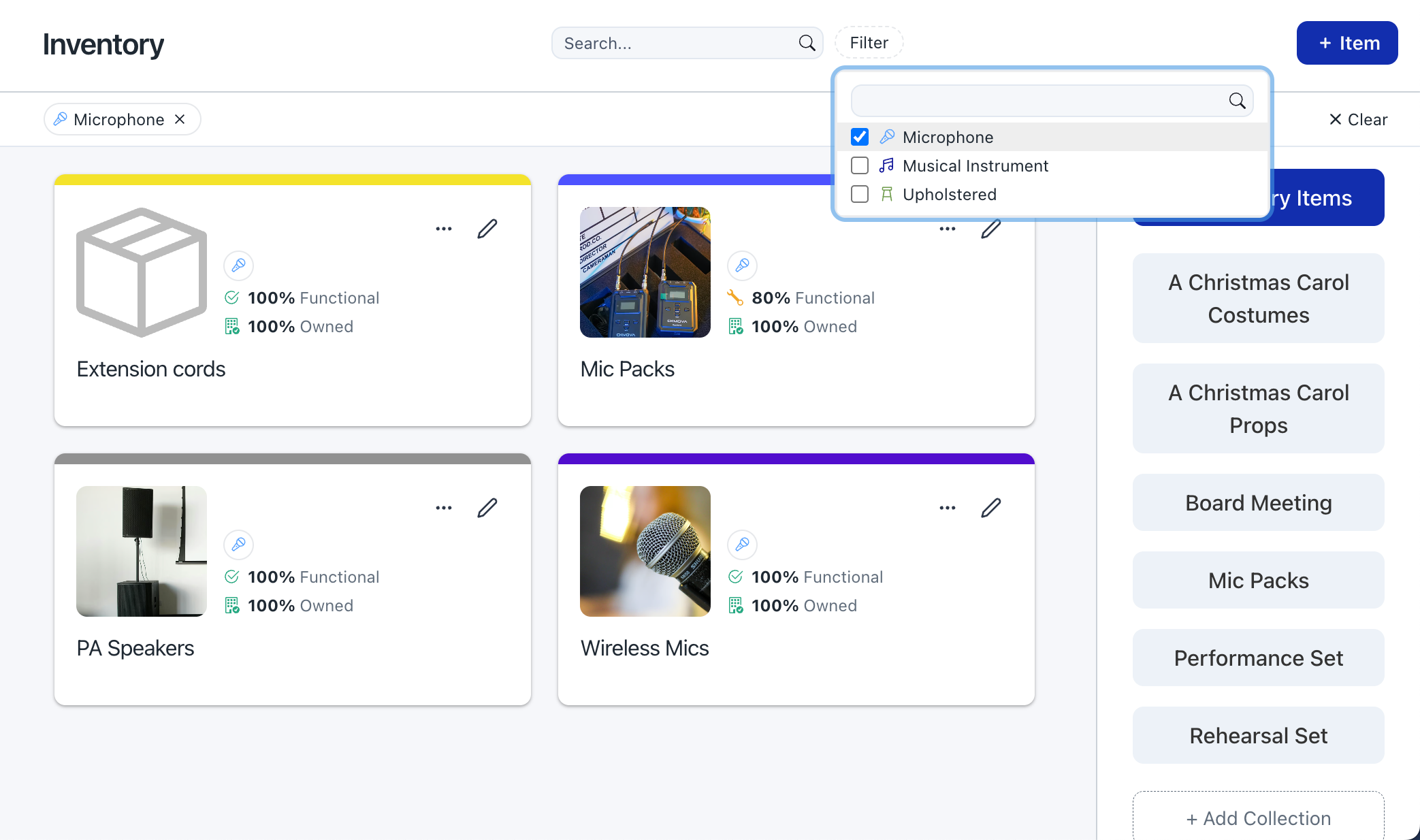 Screenshot of inventory tab highlighting filtering by item tags 
