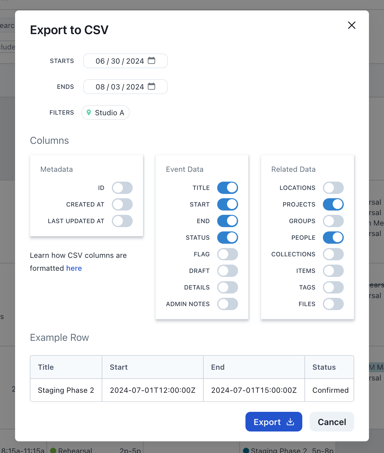 Screenshot of the Prospero app showing the export to CSV dialogue.  Options are included for the time window, filters to apply, and columns to choose, along with an example row.