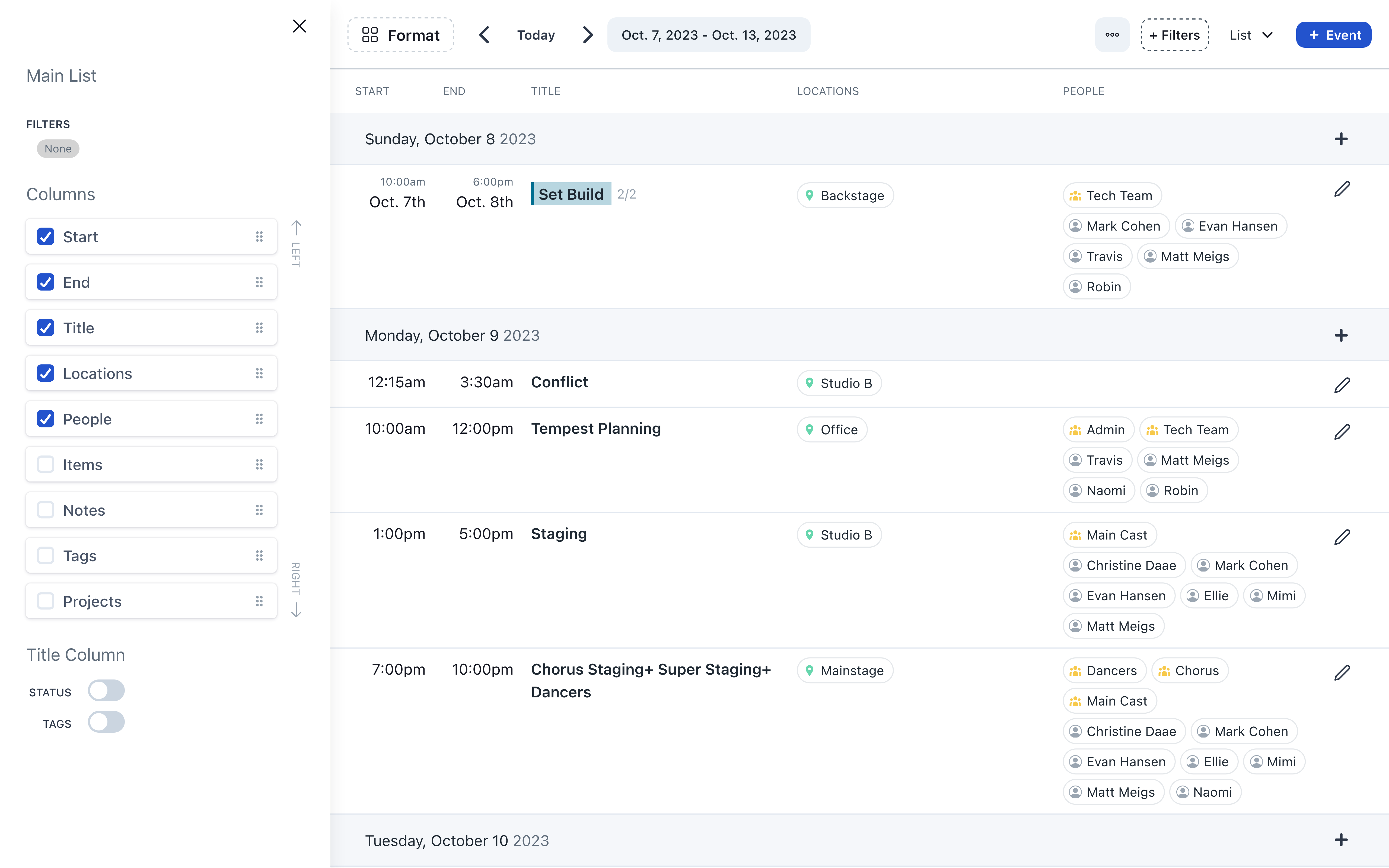 List Schedule Format Screenshot