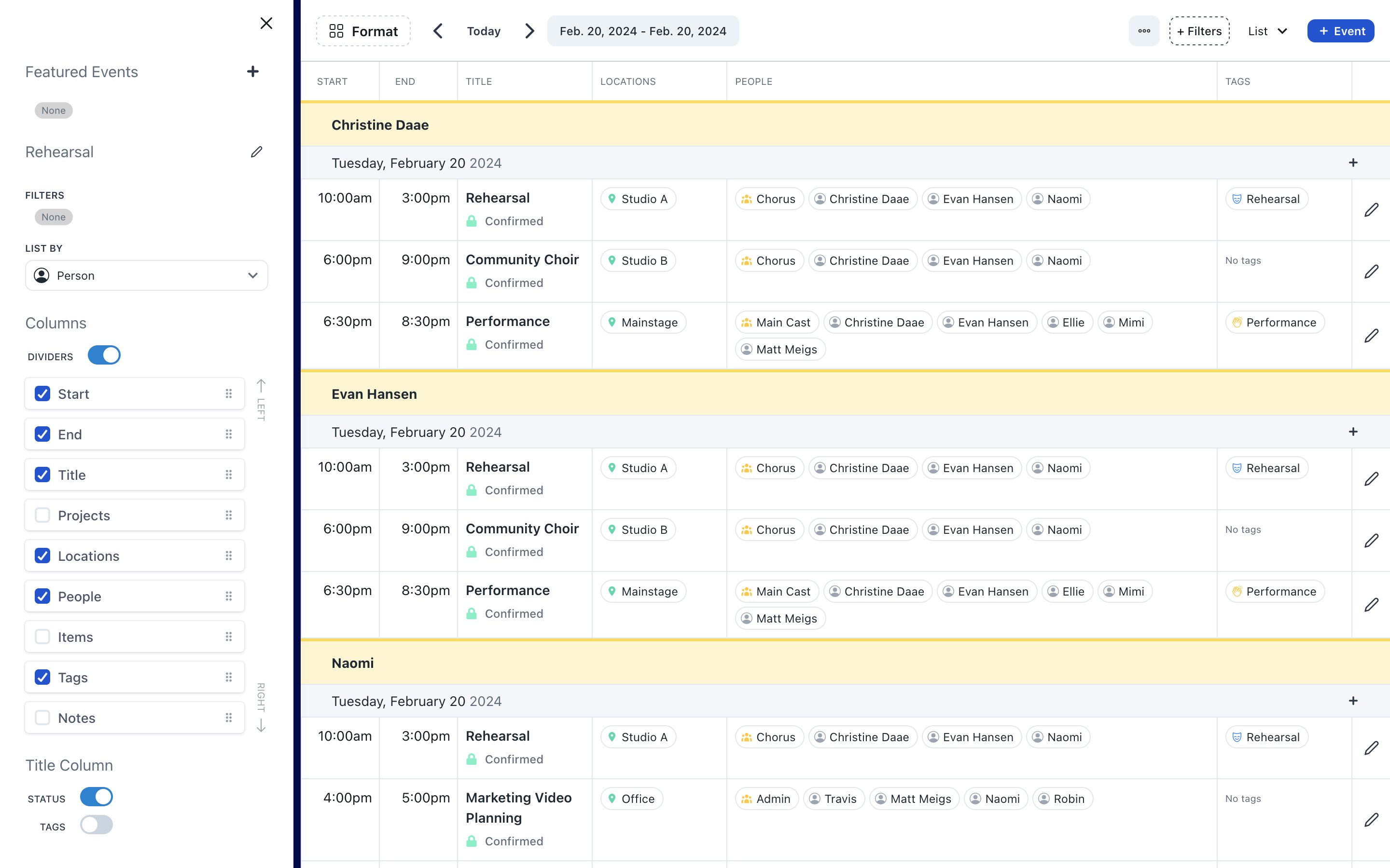 Screenshot of Prospero app with events listed by person