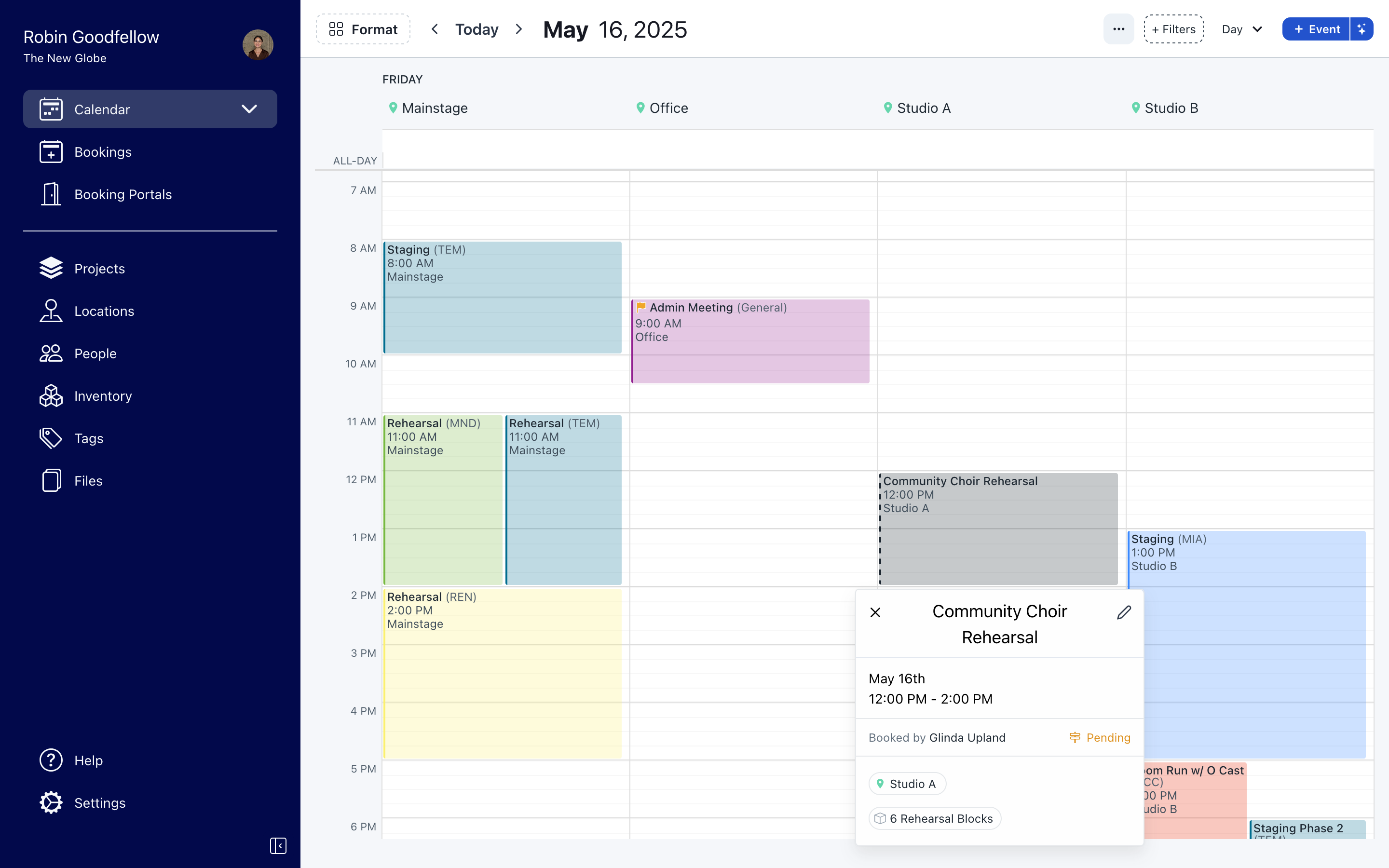 Screenshot of the Prospero app, showing the day layout of the calendar.  A pending booking is displayed on the calendar with an open popup displaying information about the booking.
