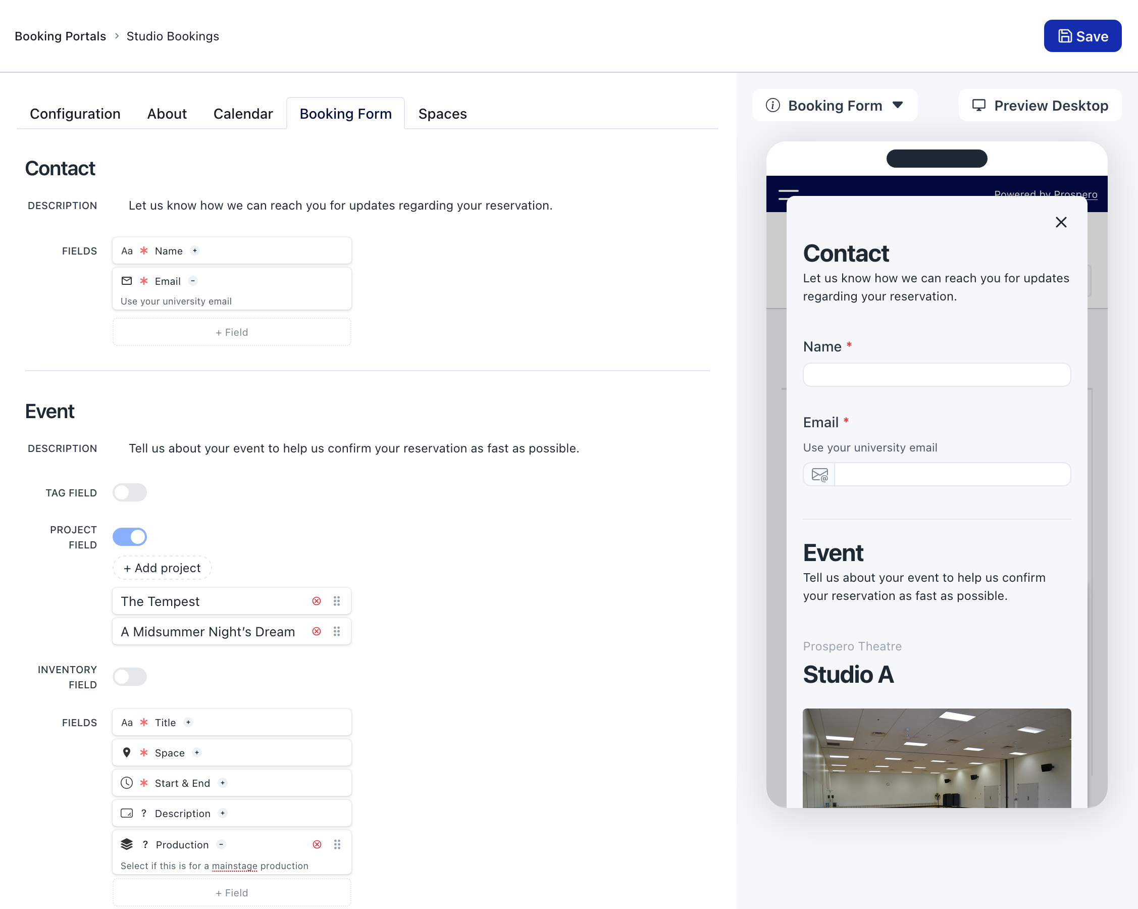 Screenshot of the booking portal configuration in the admin Prospero application.  Custom fields are visible alongside a preview of the portal as it would appear on a mobile device.
