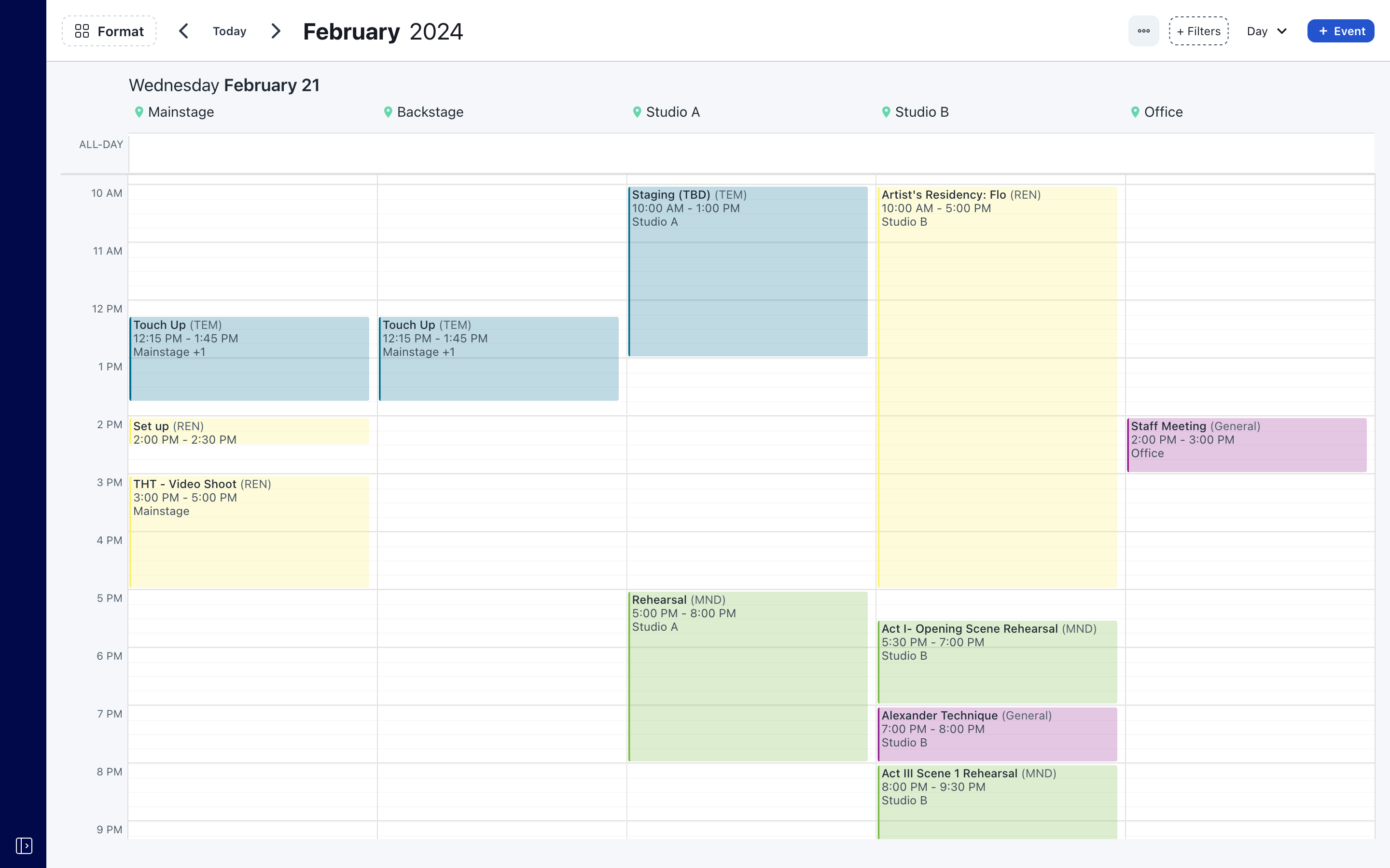 Screenshot of Prospero's day layout, including four columns of events, one for each location